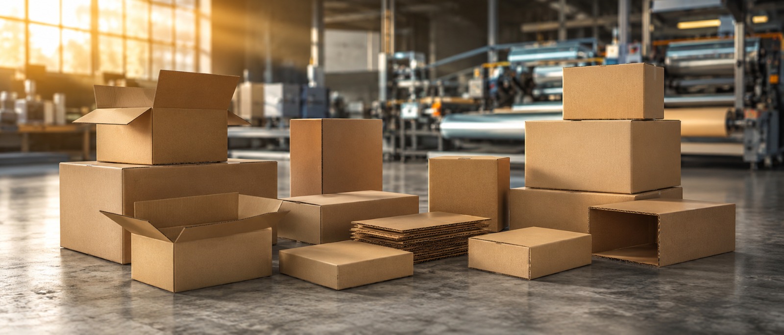 Cutii din carton ondulat de diferite dimensiuni, in hala de productie